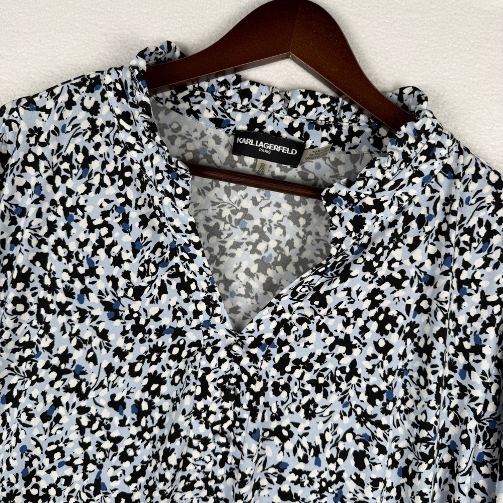 Karl Lagerfeld Blouse Womens 2X Blue Black Floral Ruffle Neck Bell Sleeve Top